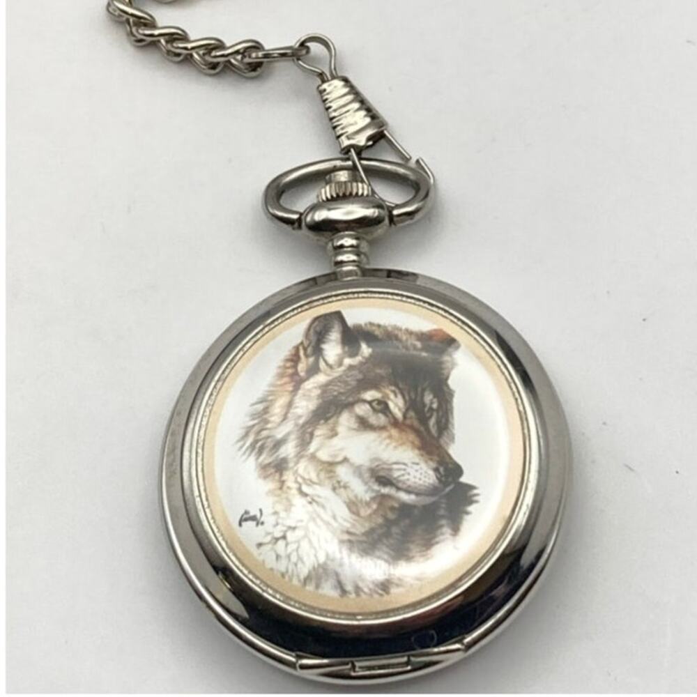 Westminster Quartz Wolf Pocket Watch Full Hunter - New Battery - Chain and Clip